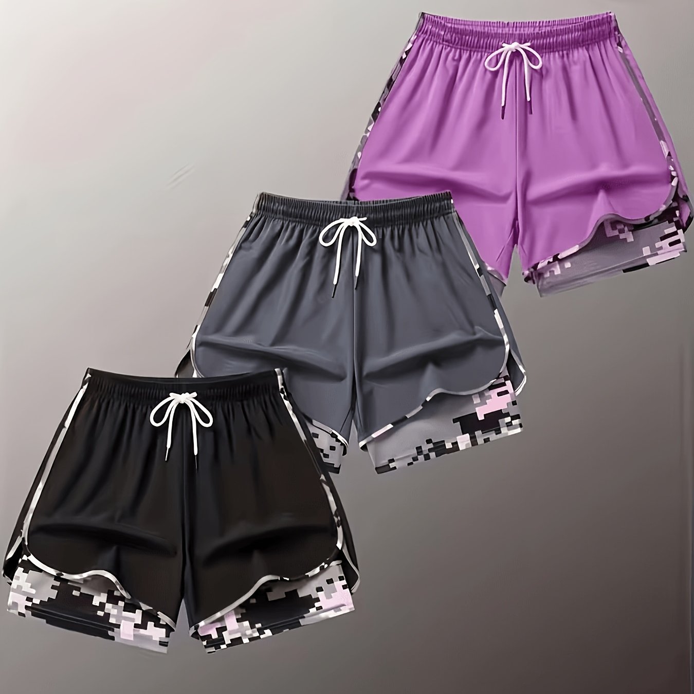 TEMU 3 Pairs Of Women's Summer Shorts, Double-layered, -one Design With Camouflage Pattern, Breathable And Quick-drying, Side Mesh Pockets,
