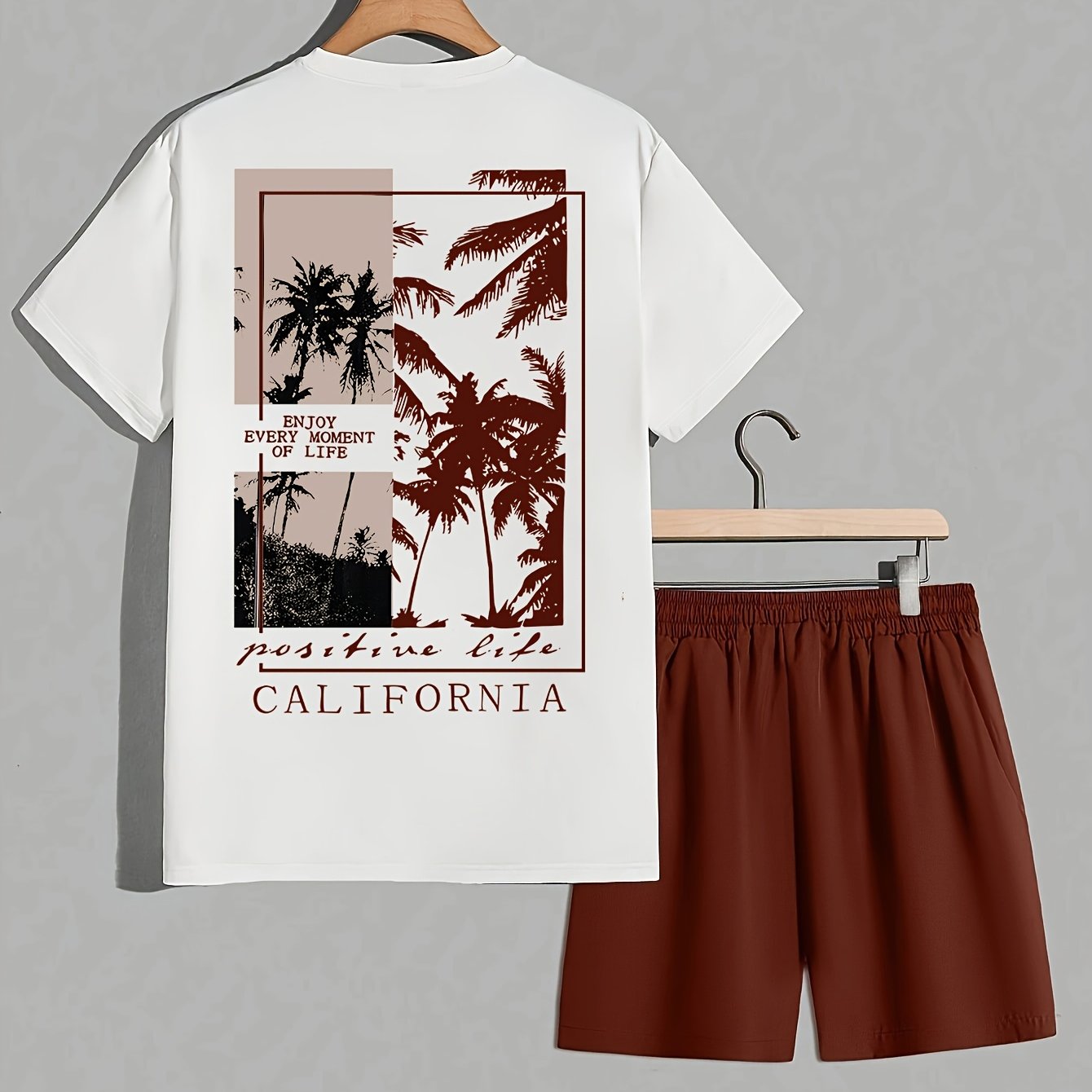 TEMU [printed Design â Not Textured] A 2pcs Set Featuring A Simple Coconut Tree Print On A Round-neck Short-sleeve Top, With Beach Shorts With A