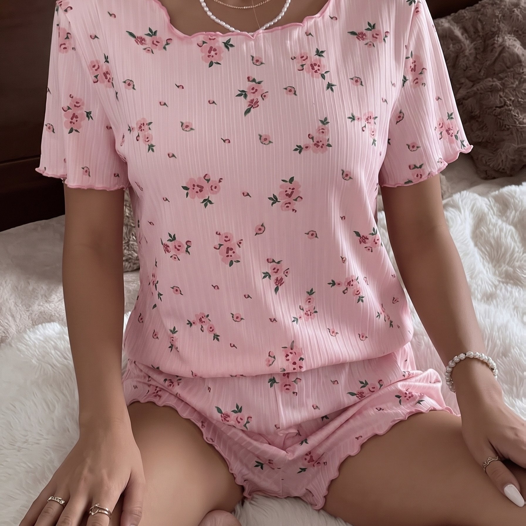 TEMU 2026 New All Season Women's 2pcs Pajama Set, Floral Print Rib Fabric With Premium Texture, Loose Fit Short Sleeve T-shirt & Hem Casual Lounge