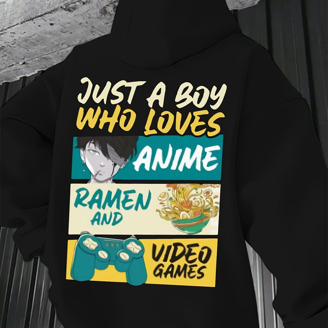 TEMU Men' Anime & Video Game Print Hoodie - Casual Black Hoodie With "just A Boy Who Anime, Ramen & Video Games" Design, Winter, Casual Wear Hoodie |