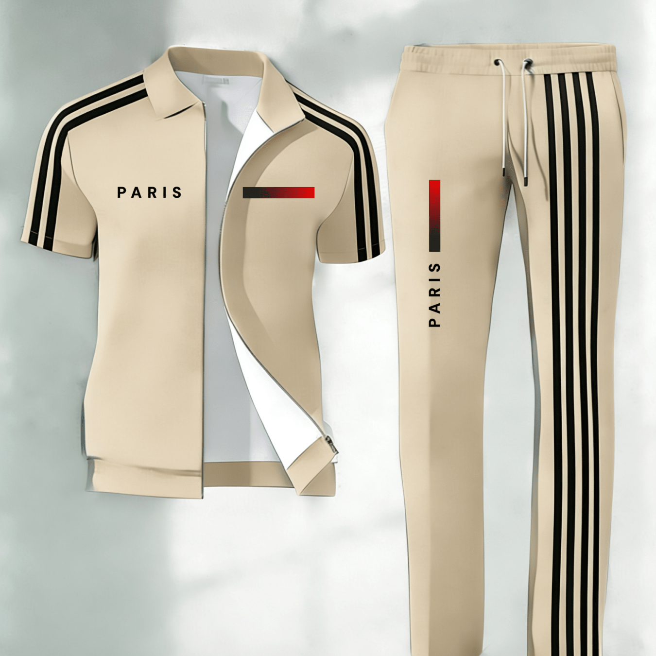 2pcs Set: [new Summer ] Unisex Casual Sportswear Set - Featuring 3d Textured Stripe Details (multiple Colors ) - Short-sleeve Jacket + Trousers