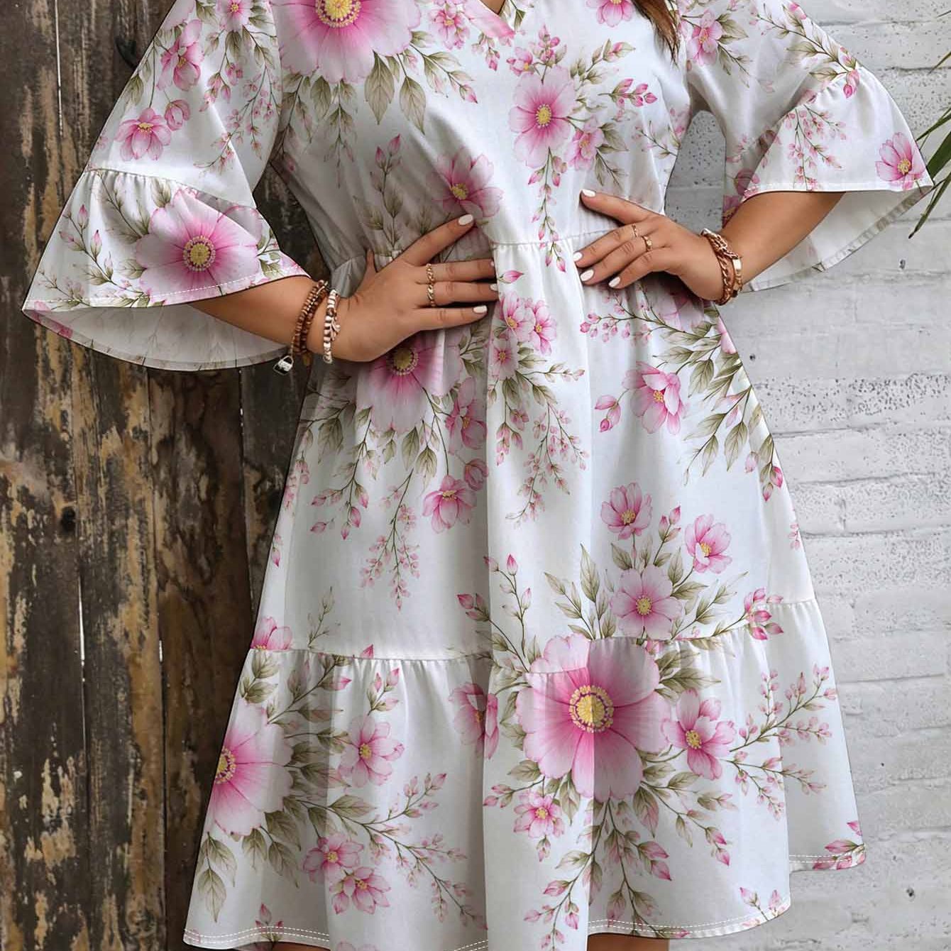 Image of Plus Size Pink Floral Print Dress. V-neck. Bell Sleeves. Layered Skirt. Loose Fit. Colorful Elegant Bohemian And Vintage Style Beach Party Flowy Maxi Dress