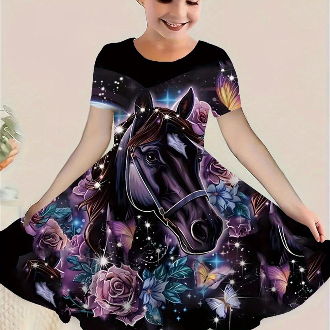 Image of Girls Floral Horse Pattern Multicolor Dress Summer Cartoon Star Graphic Short Sleeve Skirt Streetwear Y2k