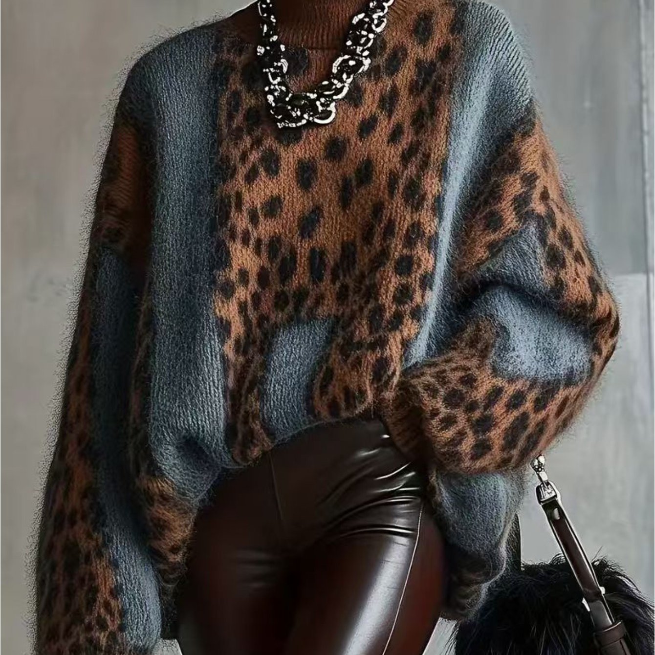 Women's Thickened Warm Leopard Print Sweater - Loose High Neck Sweater Suitable For Fall/winter, Vintage Sweater For Layering, Machine Washable Cozy Sweater For Blouses (no )