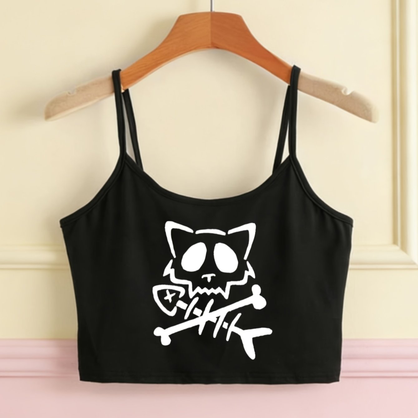 TEMU European And American Cute Skull Cat Fishbone Print Women's Mini Suspender Sweet Short Vest Fun Age-reducing Slim Fit Suitable For Picnic ,