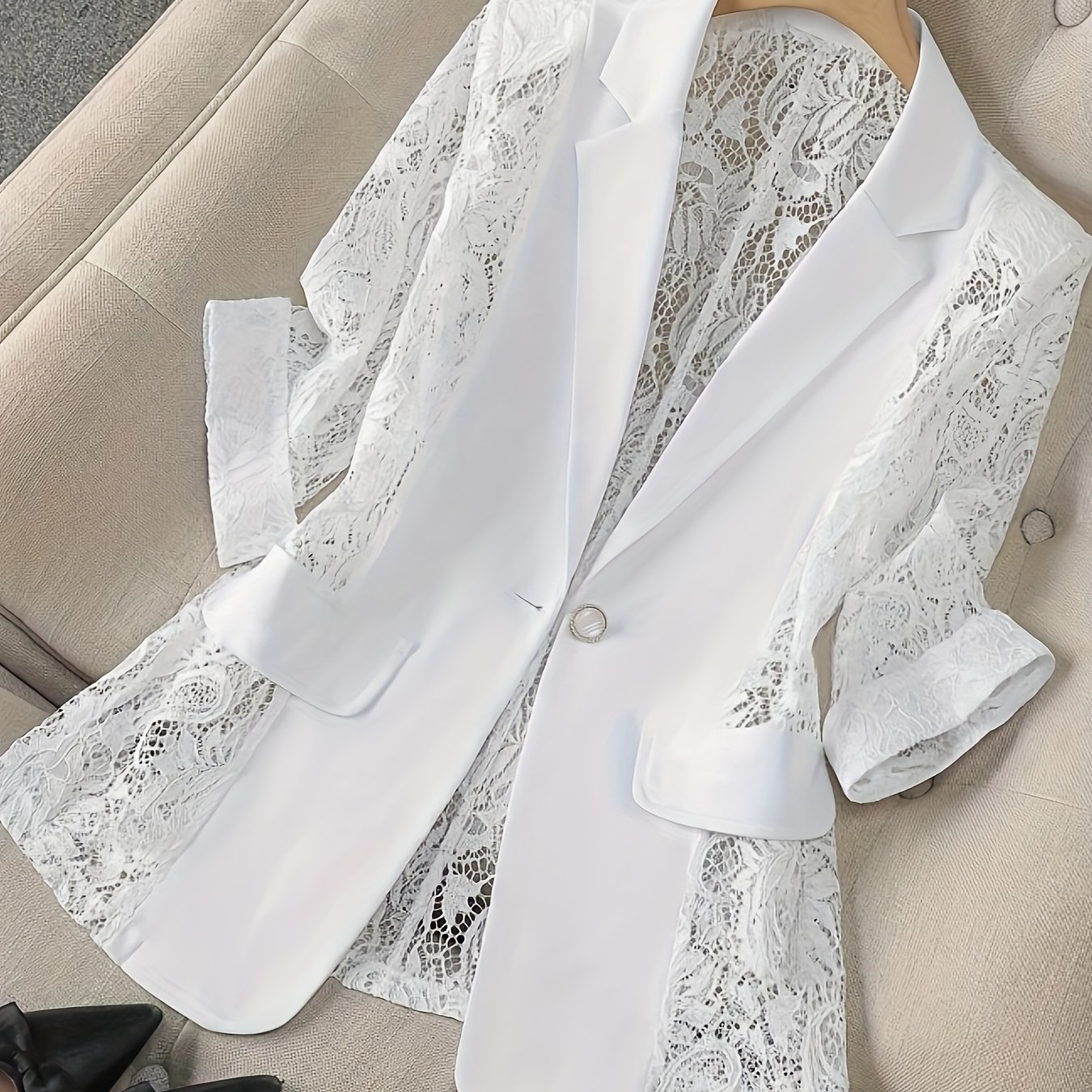 E-shop Damen Transparenter Weißer Blazer, Leichter Stil, Casual Bürokleidung, Dreiviertelärmel, Kleine Größe