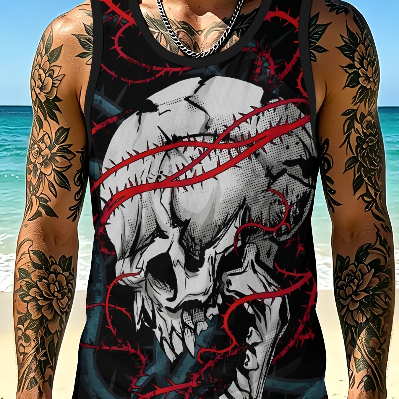 TEMU 1pc Men's Breathable Mesh Vest With Thorns And Skull , Sleeveless Top For Fitness And Running