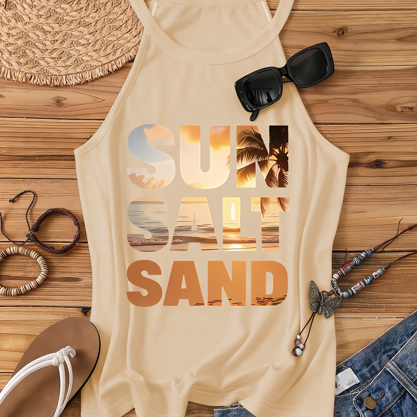 TEMU Canotta casual con stampa di lettere SAND, top da spiaggia da donna con scollo