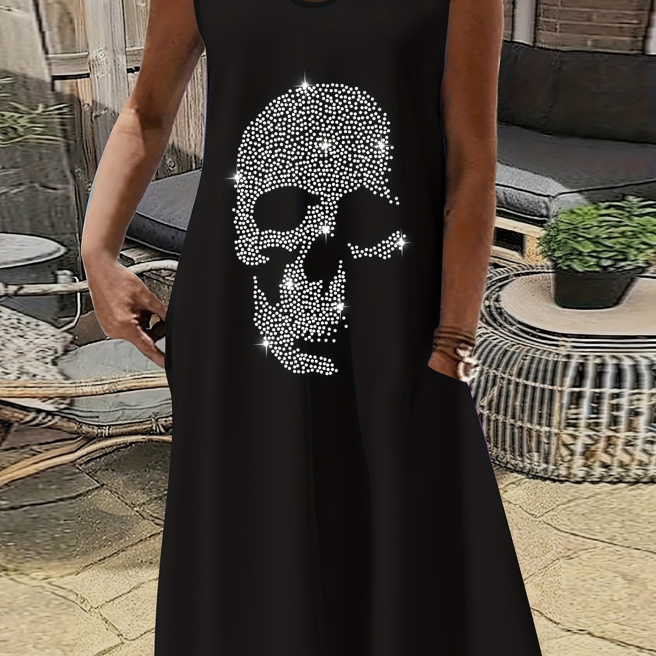 Plus Size, Plus Size Women's Comfortable Fashion Pocket Skull Rhinestone Sleeveless Dress