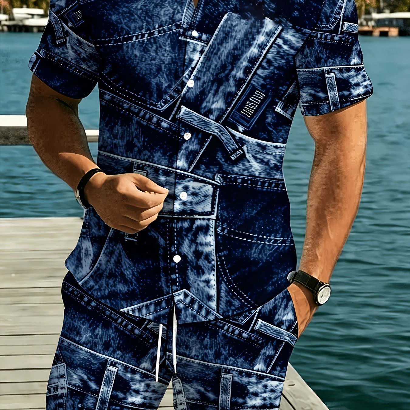 TEMU camicia a maniche corte da in denim, completo estivo casual da spiaggia per le vacanze, set pezzi con stampa blu. Adatta per uscite in spiaggia,