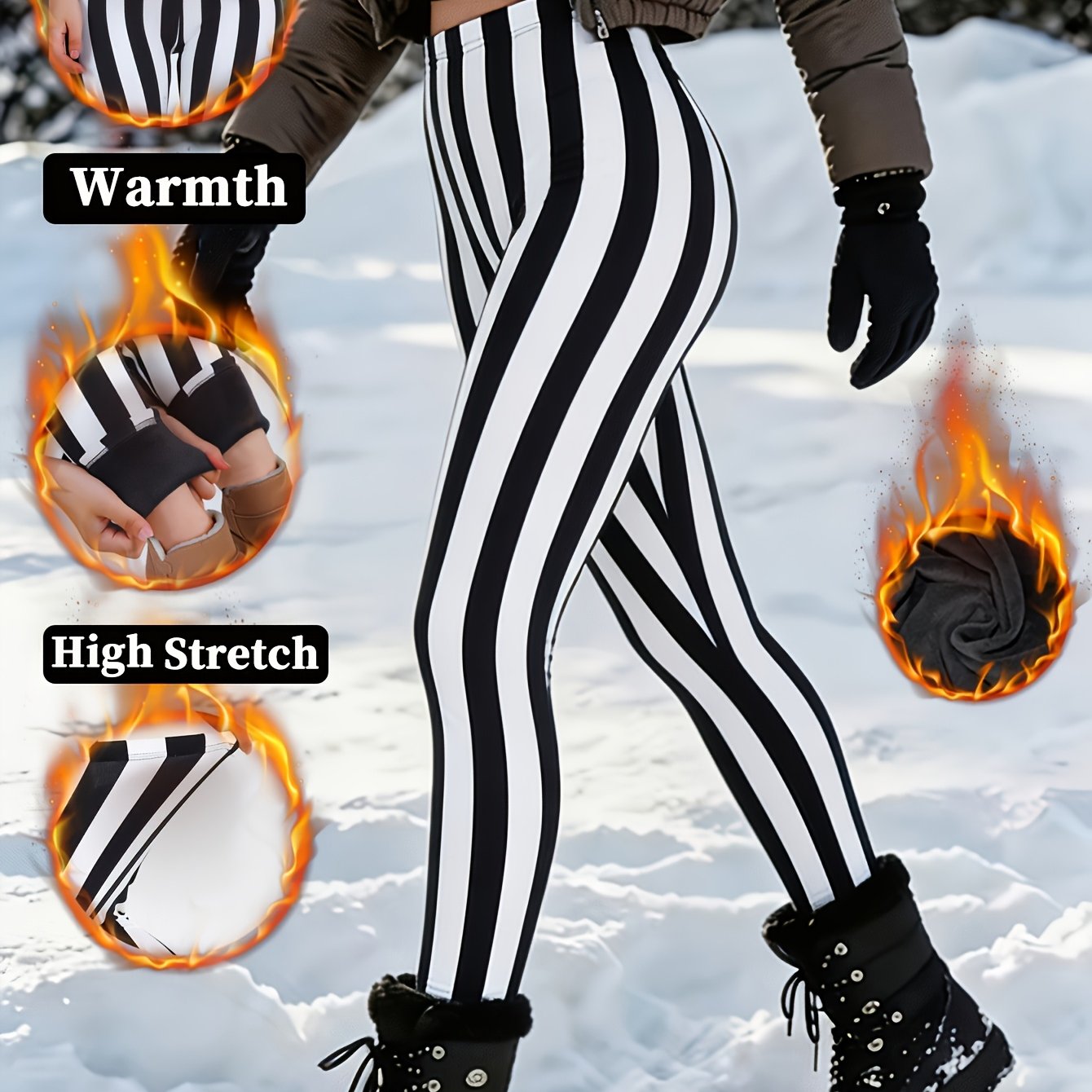 TEMU Simple Women Plus Velvet Thickened Black White Chunky Stripes Printed Design Leggings Outdoor Vacation Date Skiing Ice Skating Tights Trousers