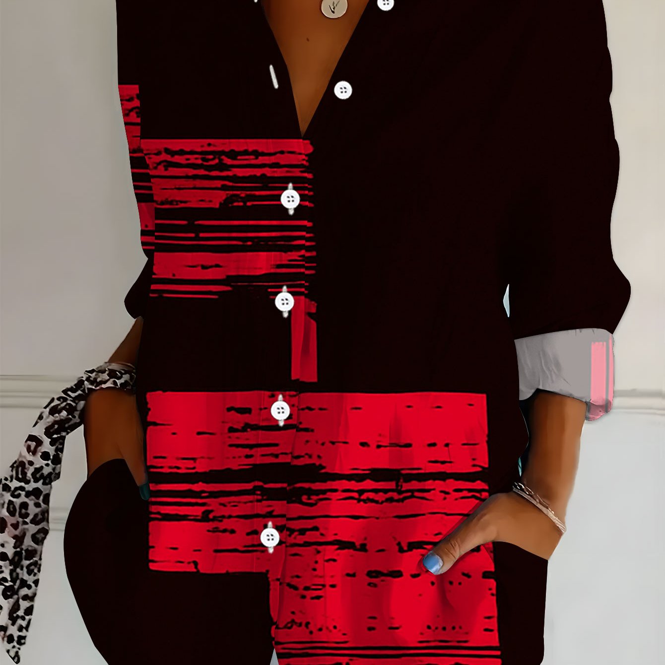 TEMU Plus Size, New Plus Size Women's Long Sleeve Printed Shirt, Versatile And Elegant Shirt For With Red And Black Elements, Loose 's Long Sleeve