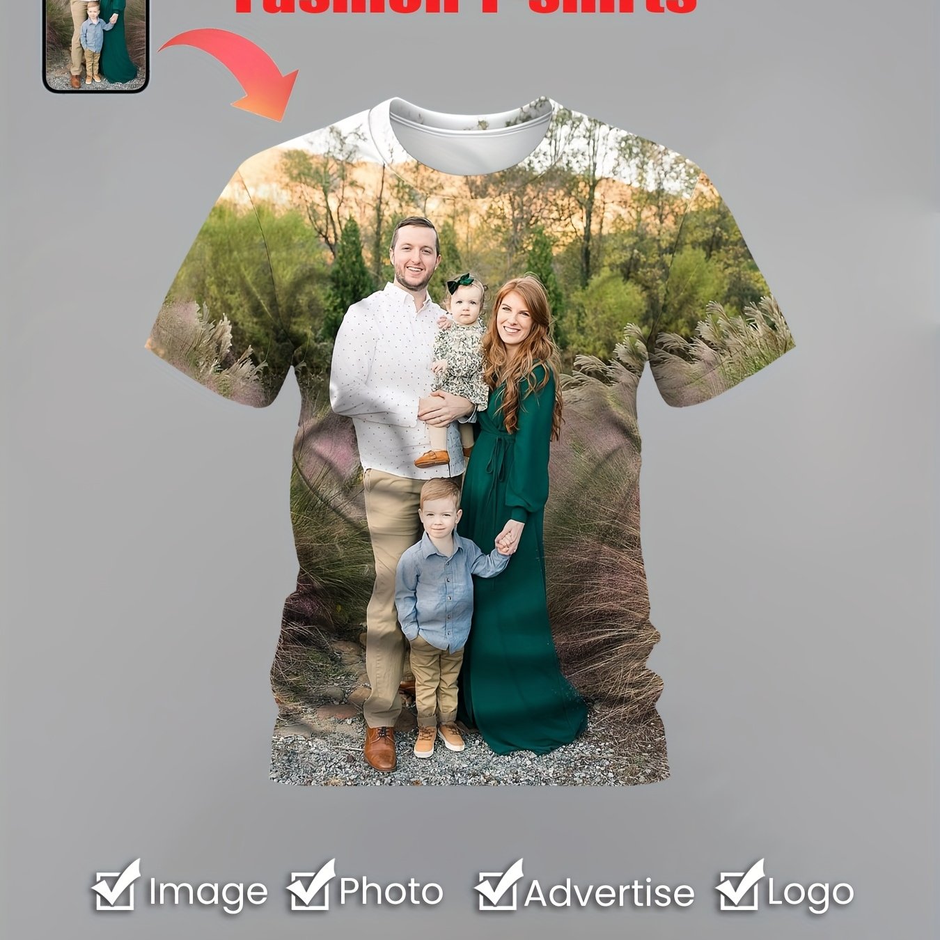 TEMU Custom 3d Photo T-shirt For Family Portraits, Couples & Ads - Personalized Design, 100% Polyester, Machine Washable, Round Neck Short Sleeve Tee