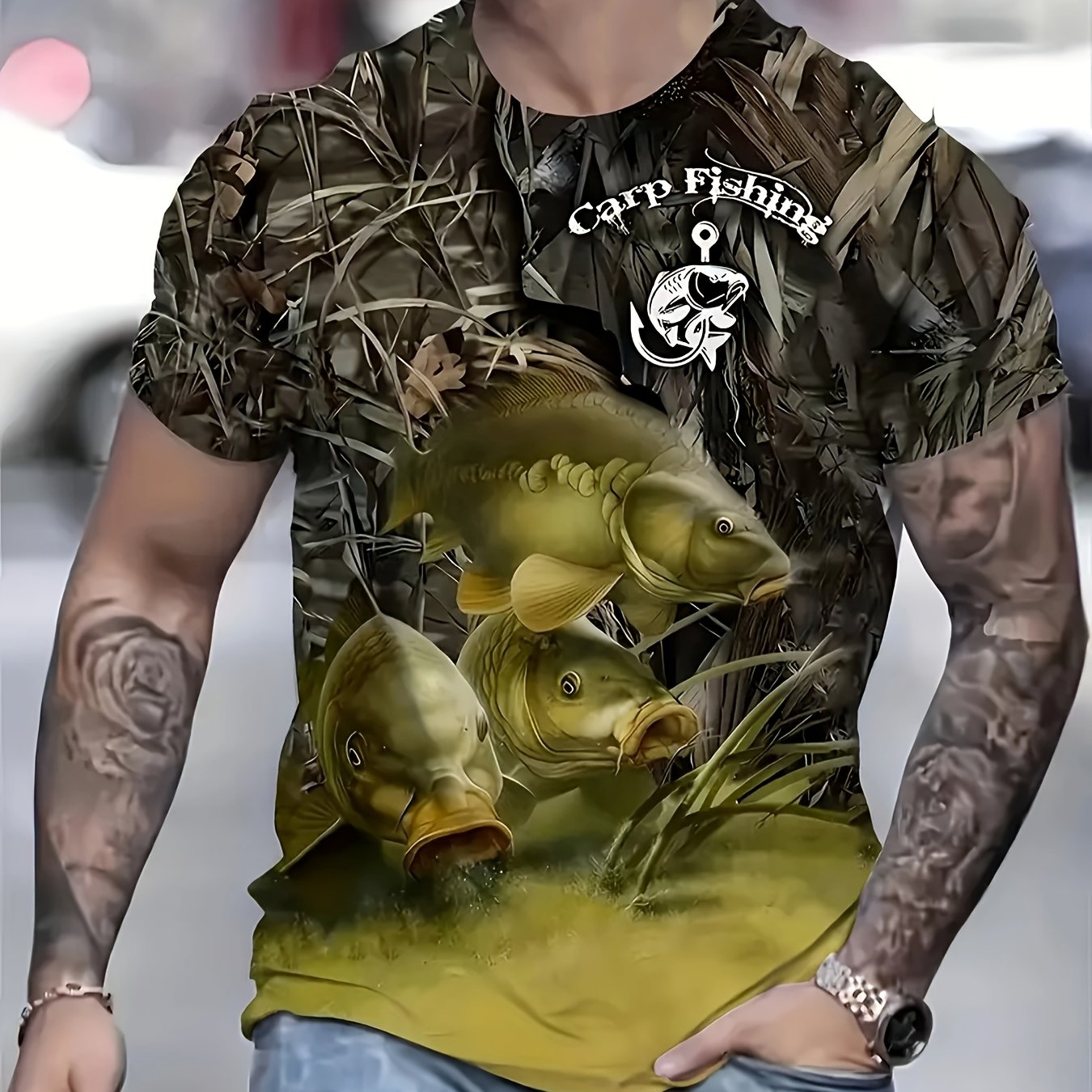 Casual Carp Fishing 3d Print T-shirt - Polyester Crew Neck Short Sleeve Shirt With Stretch For Men - Summer Casual Wear, Regular Fit Pullover Knit Fabric Tee
