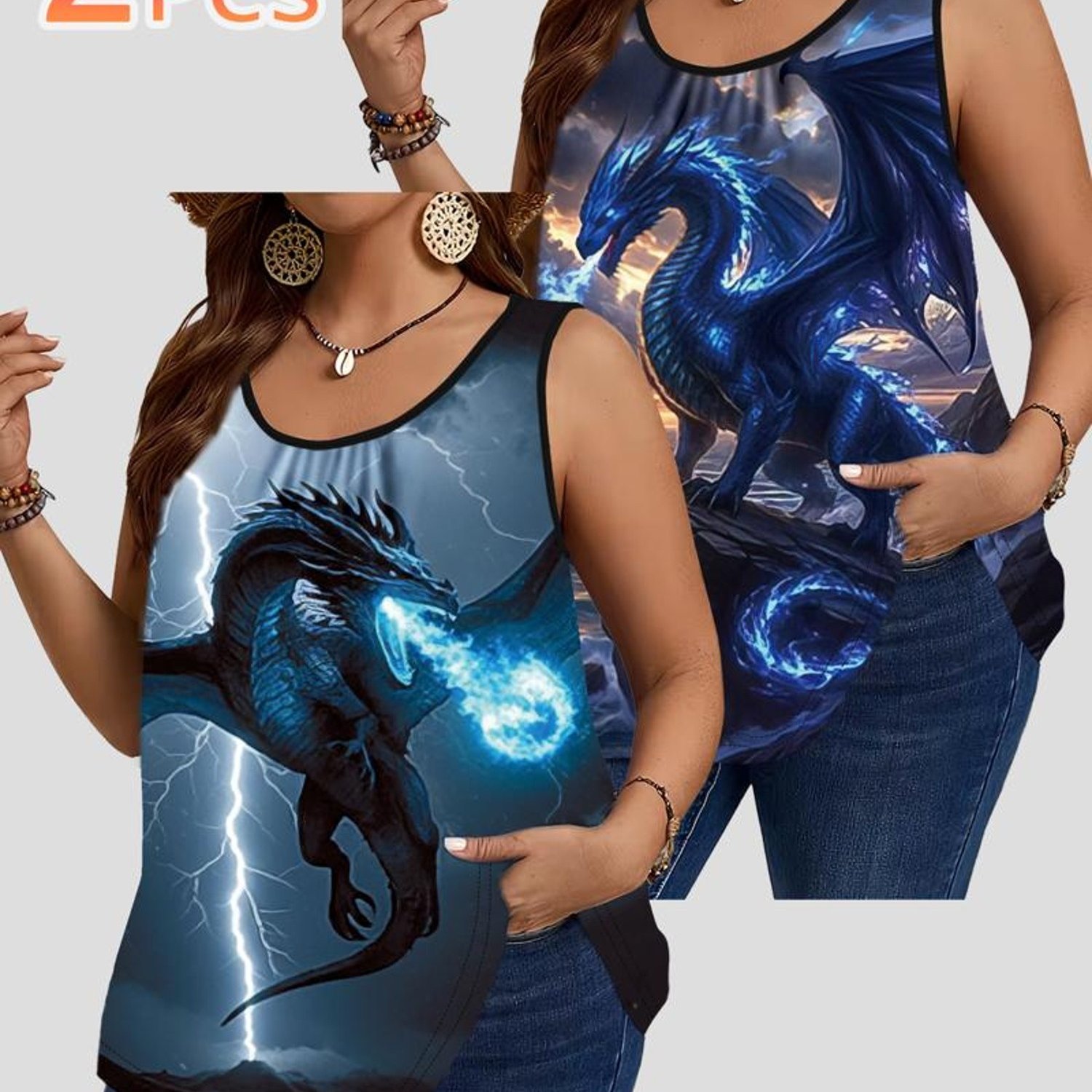 TEMU Plus Size - 2pcs Women's Plus Size Tank Tops, Dragon And Lightning Print, Material, Multiple Sizes/colors , Black Neckline Trim, Casual Daily