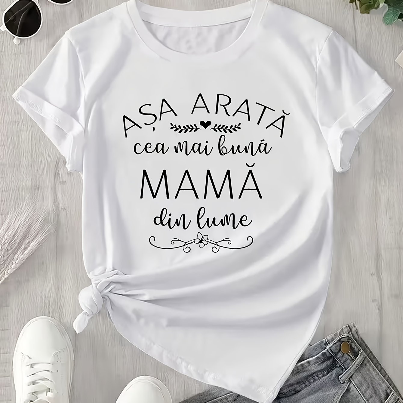 TEMU Women's Romanian T-shirt "asa Arata Buna Mama Din Lume" - Funny Mom Slang Saying, White Short Sleeve Round Neck Casual Top With Romanian ,