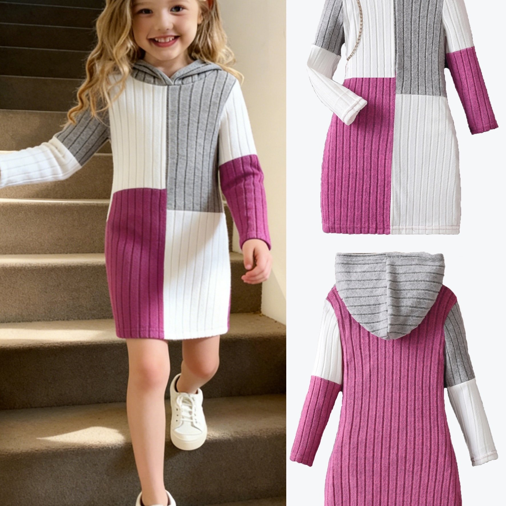 Girls' Color-blocking Knit Hooded Dress, Knee-length, Fitted, Soft Comfortable Fabric, Suitable For Daily Casual, Outdoor, Indoor And Outdoor Wear, Holiday Gift