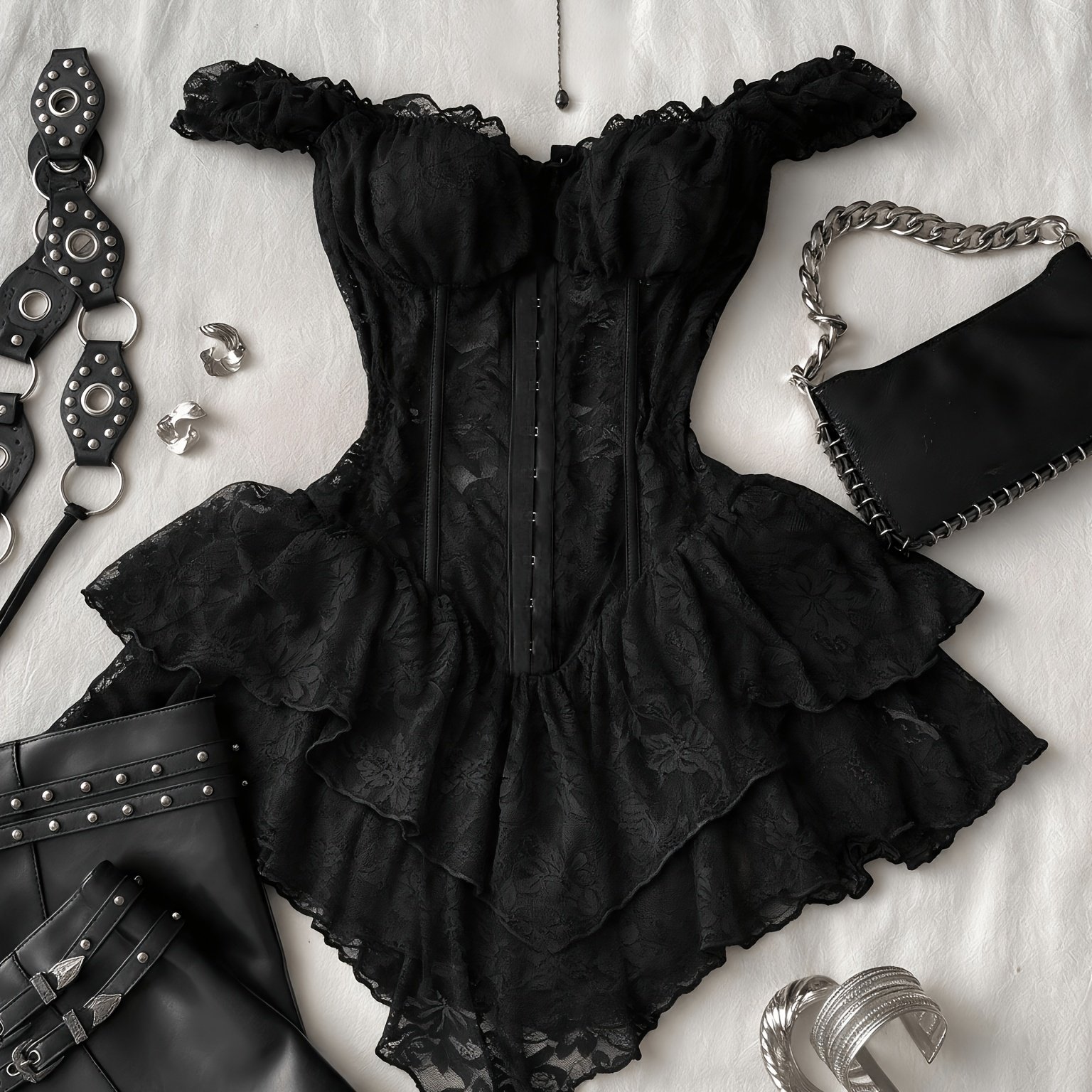 TEMU Robe courte moulante noire d'été en dentelle de style gothique pour femme, ourlet asymétrique vintage Y2K, style élégant décontracté de soirée,