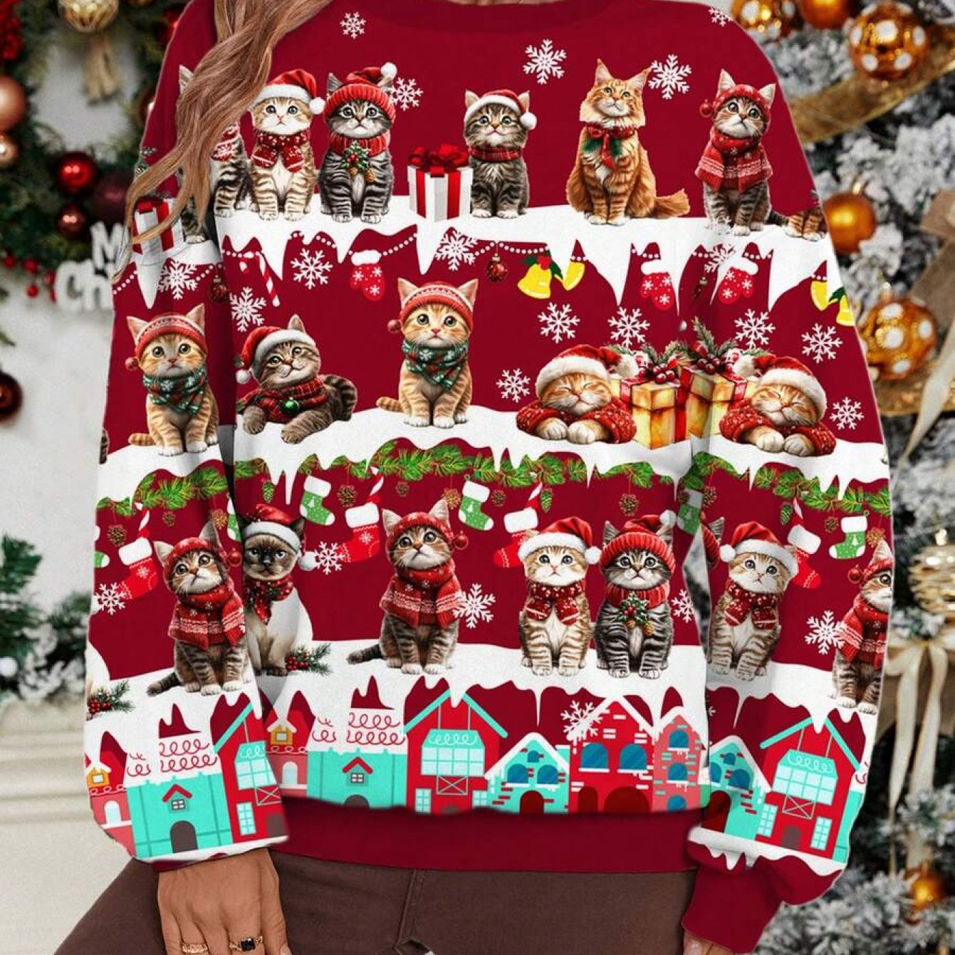 TEMU Plus Size, Women Merry Christmas Cute Cat Graphic Casual Minimalist Print Crew Neck Long Sleeve Loose Fit Sweatshirt, Christmas Gift Clothes