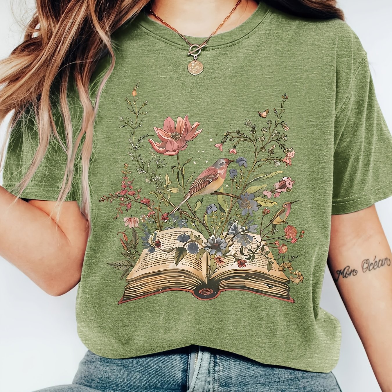 TEMU Women's Floral Book And Bird Print T-shirt, Artistic , 2026 Spring/summer -inspired Women's Clothing, Daily Casual Versatile Round Neck Short