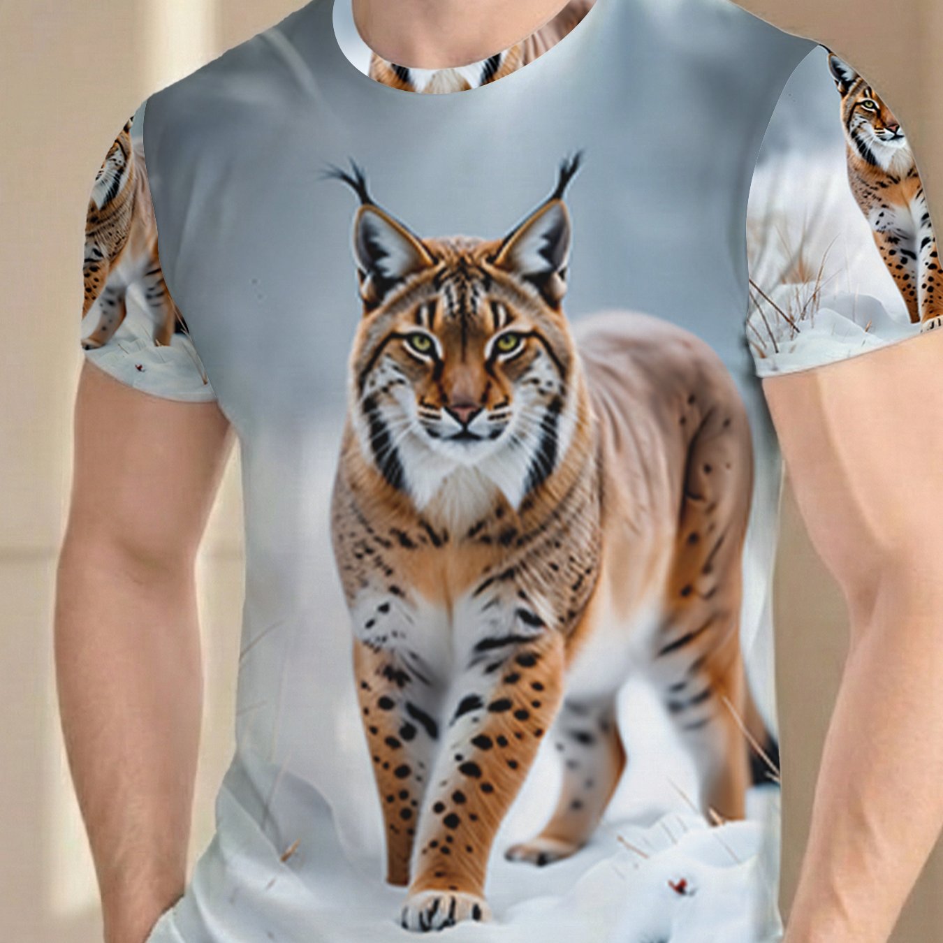 TEMU Minimalist Versatile Snow Forest Lynx Print T-shirt, Unique Animal Pattern Casual Short Sleeve, Trendy Fashion Comfortable Top, Unisex Creative