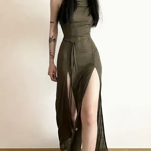 womens dress solid color sleeveless hooded split hem tie back hollow out summer dress