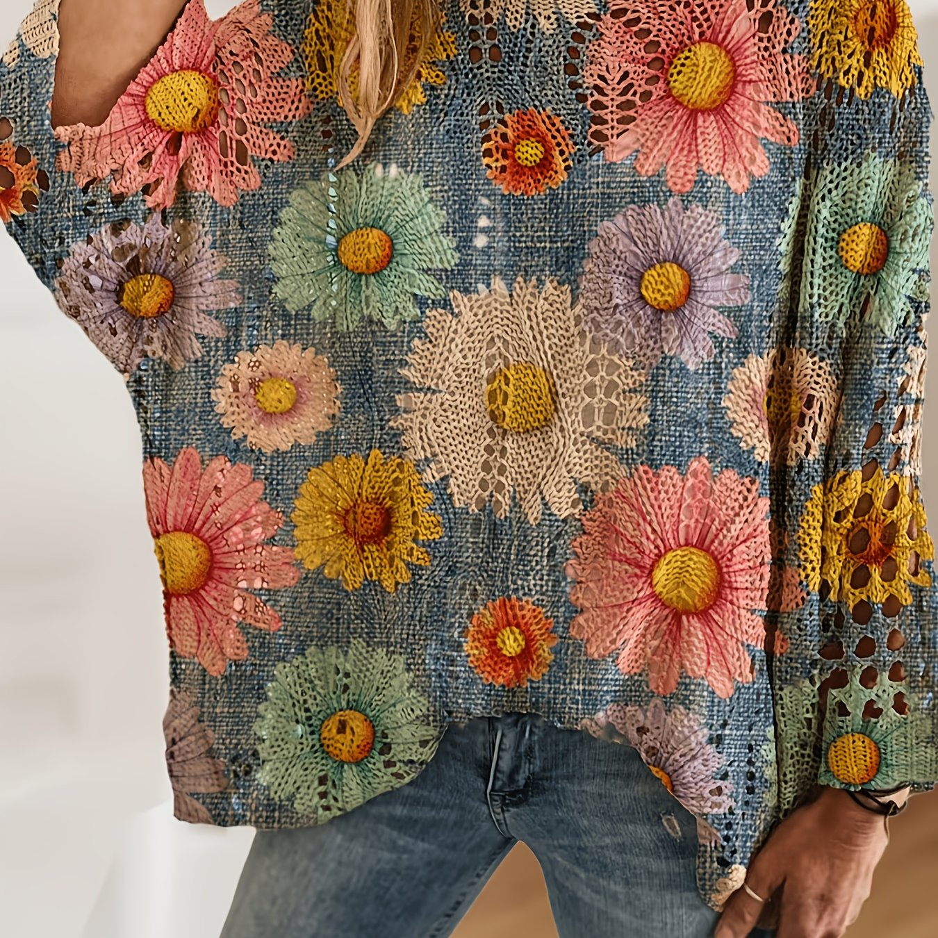 TEMU Plus Size, Plus Size Women's Colorful Daisy Print Openwork Top, Daisy Print Sweater, Openwork Loose Pullover, Forest-style Artistic Knitwear,
