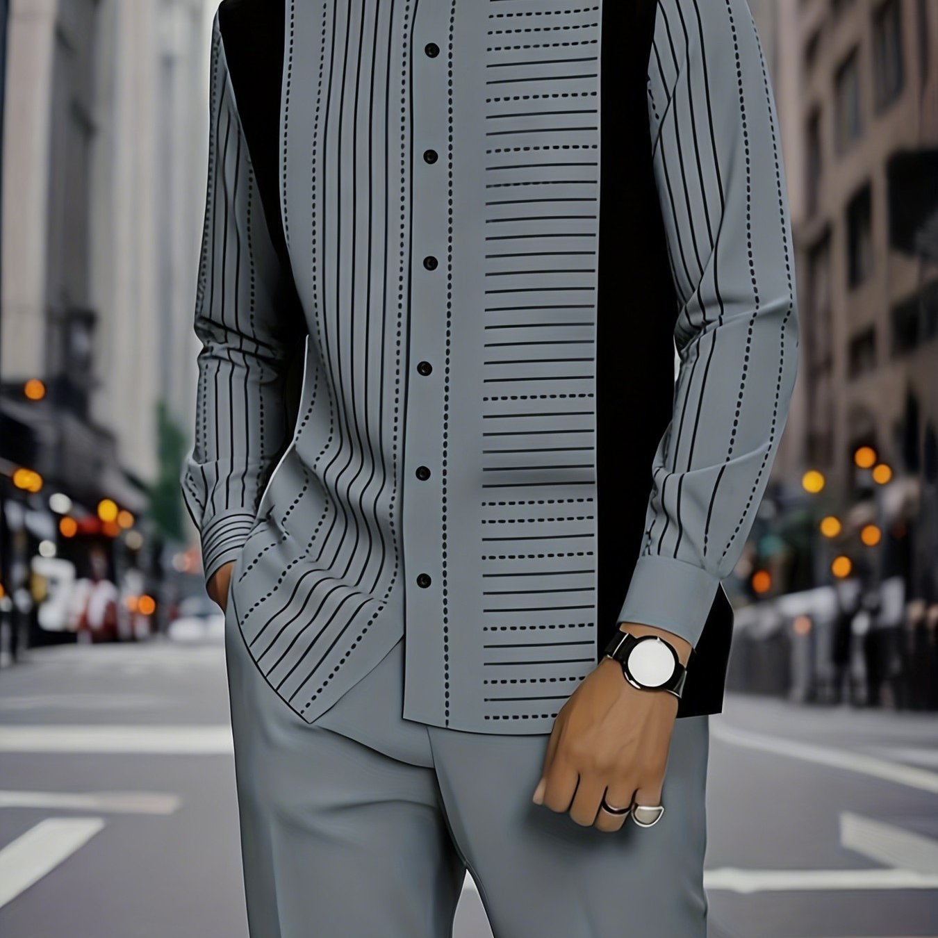 Image of Men's Luxurious Stand Collar Striped Long Sleeve Shirt Two-piece Set- Business Casual/commuting Style, Smooth And Slim-fit- 2026 New Model