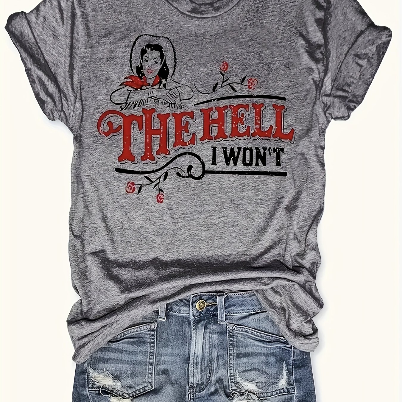 TEMU Women's "the 't" Graphic Casual T-shirt - Soft Rayon-spandex-polyester Blend, Geometric Print, Regular Fit, Machine Washable