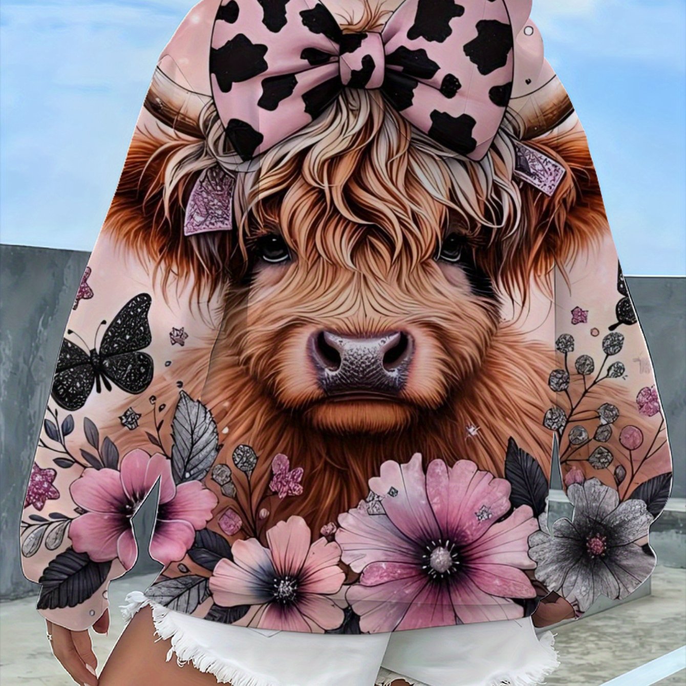 TEMU Plus Size - Plus Size - Women's Plus Size Hoodie - Cute Cow And Floral Print Sweatshirt, Long Sleeve Pullover With Drawstring Hood And Pouch,