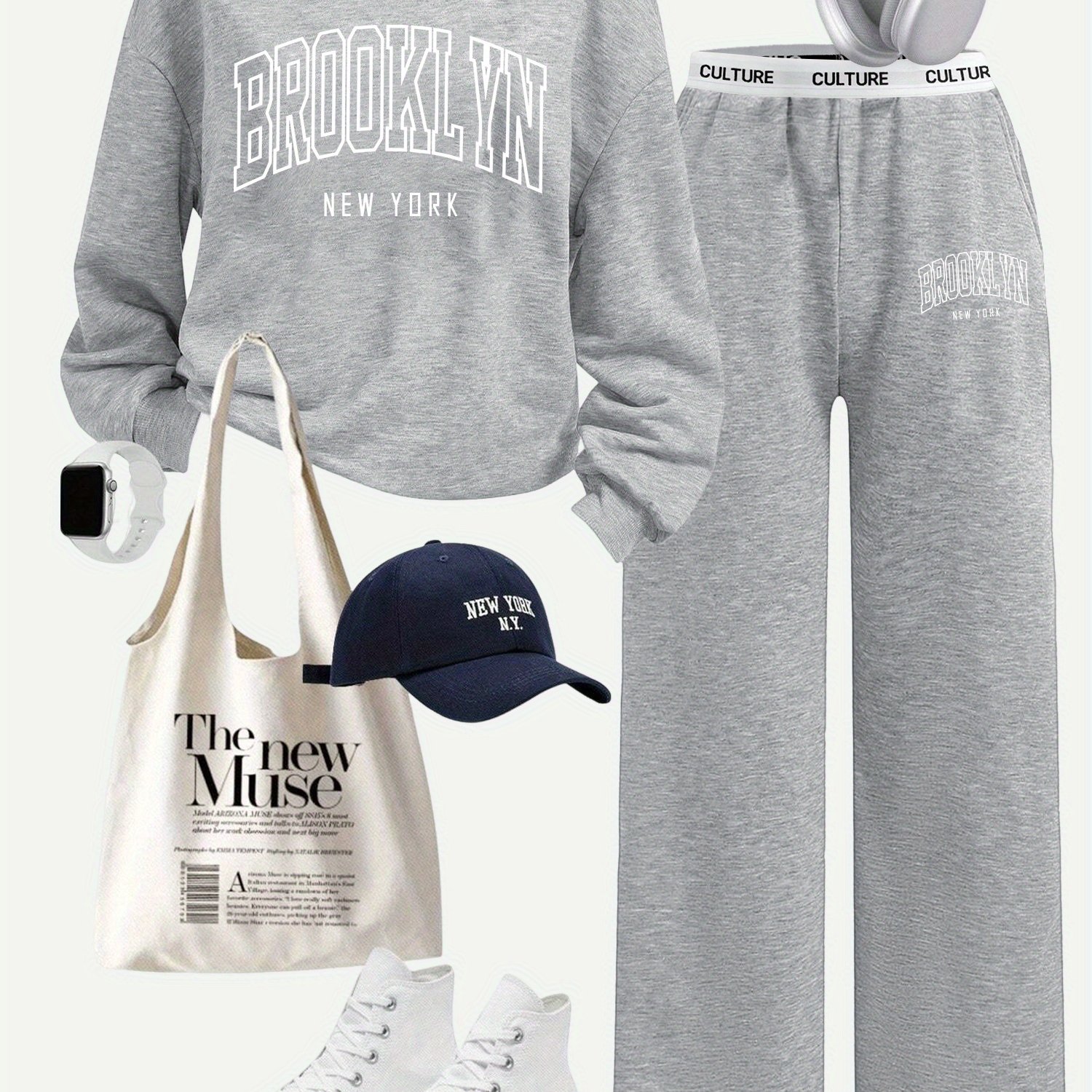 TEMU C5 k6 Women's Lettered Brooklyn Printed Sweatshirt Set, A Two-piece Loose Long-sleeve Top With A Round Neck And Wide-leg Pants, Casual Pocket