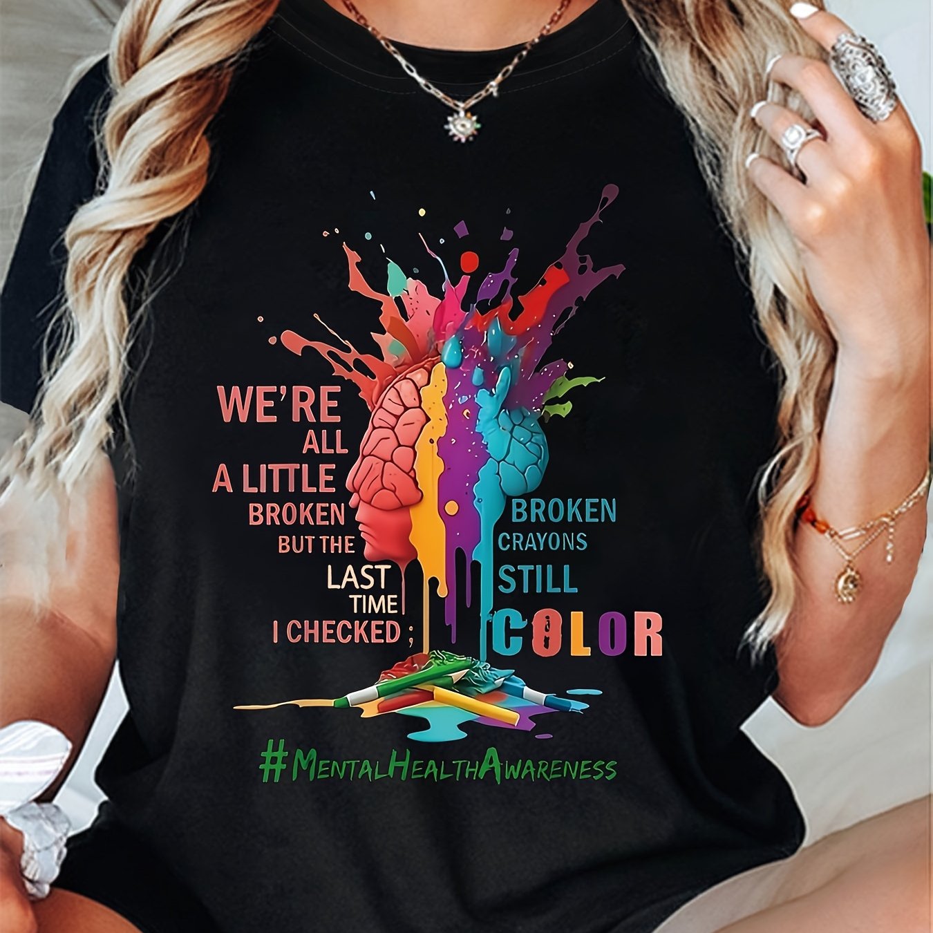 TEMU Plus Size, Mental Health Awareness Still Color Inspirational Graphic Print Plus Size Women's T-shirt, Short Sleeve Crew Neck Casual Top For