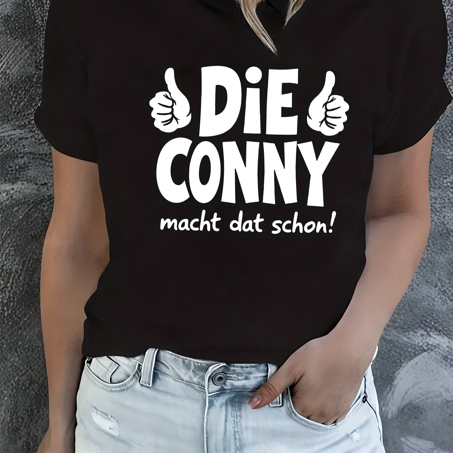 Image of Women's 100% 200gsm Heavyweight T-shirt With "die Macht Dat Schon!" For German Thumbs Up Print & Thumbs Up Graphic - Round Neck Fit Breathable Everyday Tee For Travel