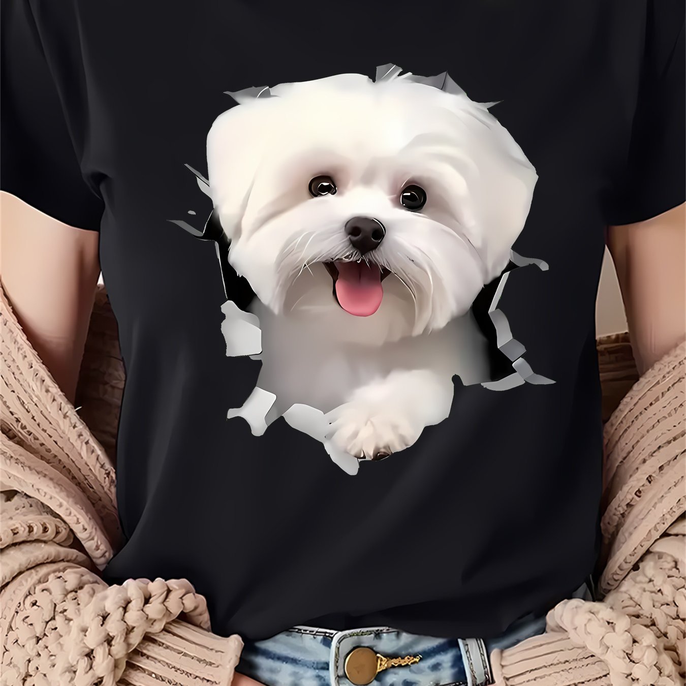 Men's T-shirt With Dog Print - Loose Neck Short Sleeve Top, Machine Washable Suitable For Casual & Casual Attire, Blouse Tshirt (black/gray/white) For Ladies