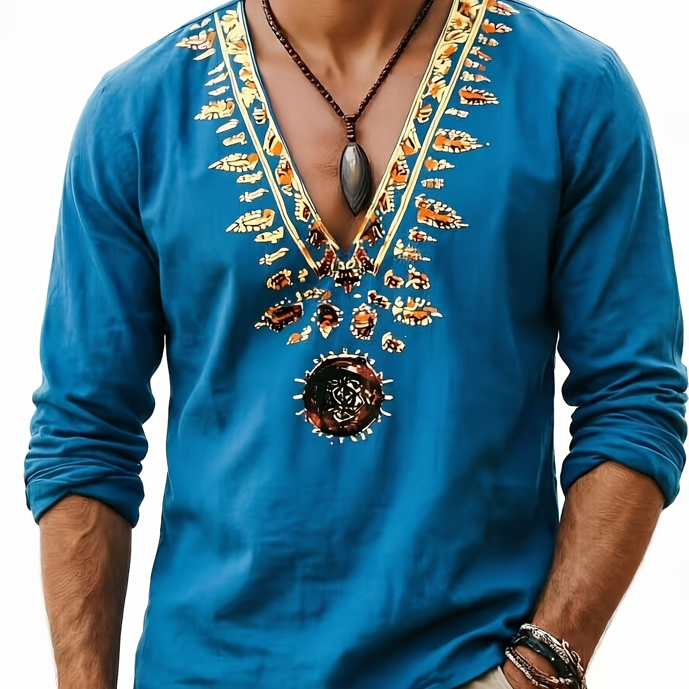 Image of Men's Fashion Positioning Print Shirt, V-neck Long Sleeve, Men's Cuff Sleeve Casual Top, Men's 4100c