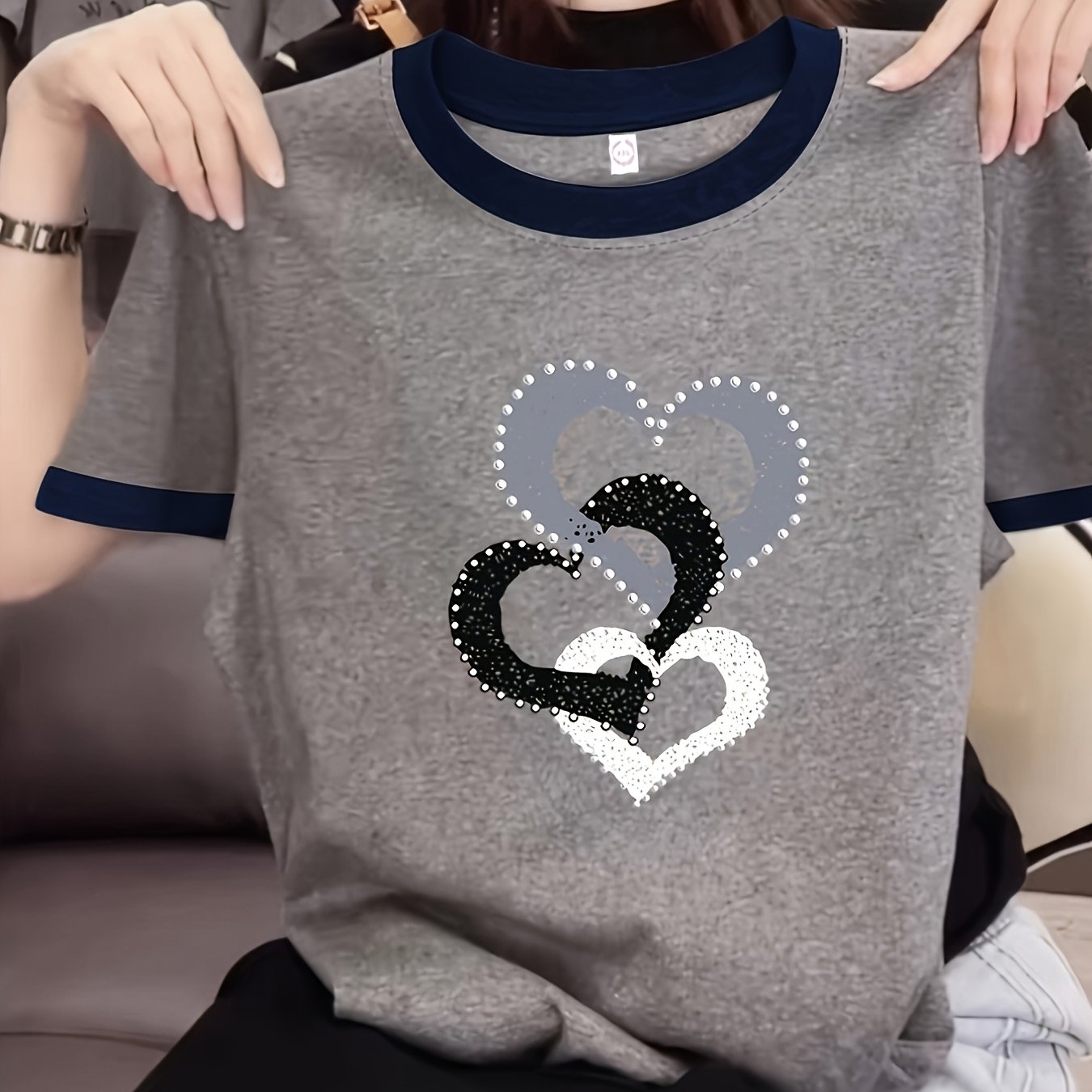 TEMU Women's Casual Short-sleeve T-shirt With A Easy Round Neck, Color-blocking Design, And Printed Patterns, Perfect For Spring And Summer