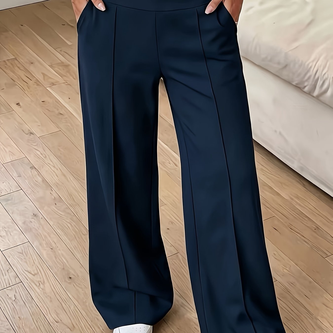 TEMU Pantalones de estar por casa para mujer, de color liso, de talle , pierna ancha y casuales con bolsillos