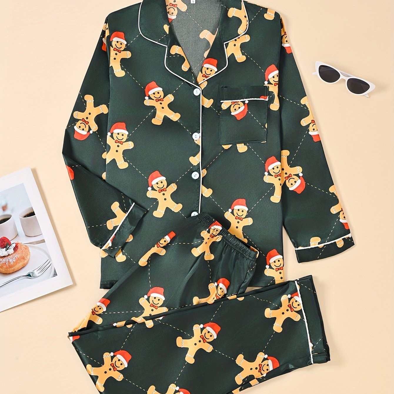TEMU Een tweedelige dames pyjamaset met kerstthema prints, waaronder ontwerpen van speculaasman. Deze lange mouw, lange broek nachtkleding is perfect