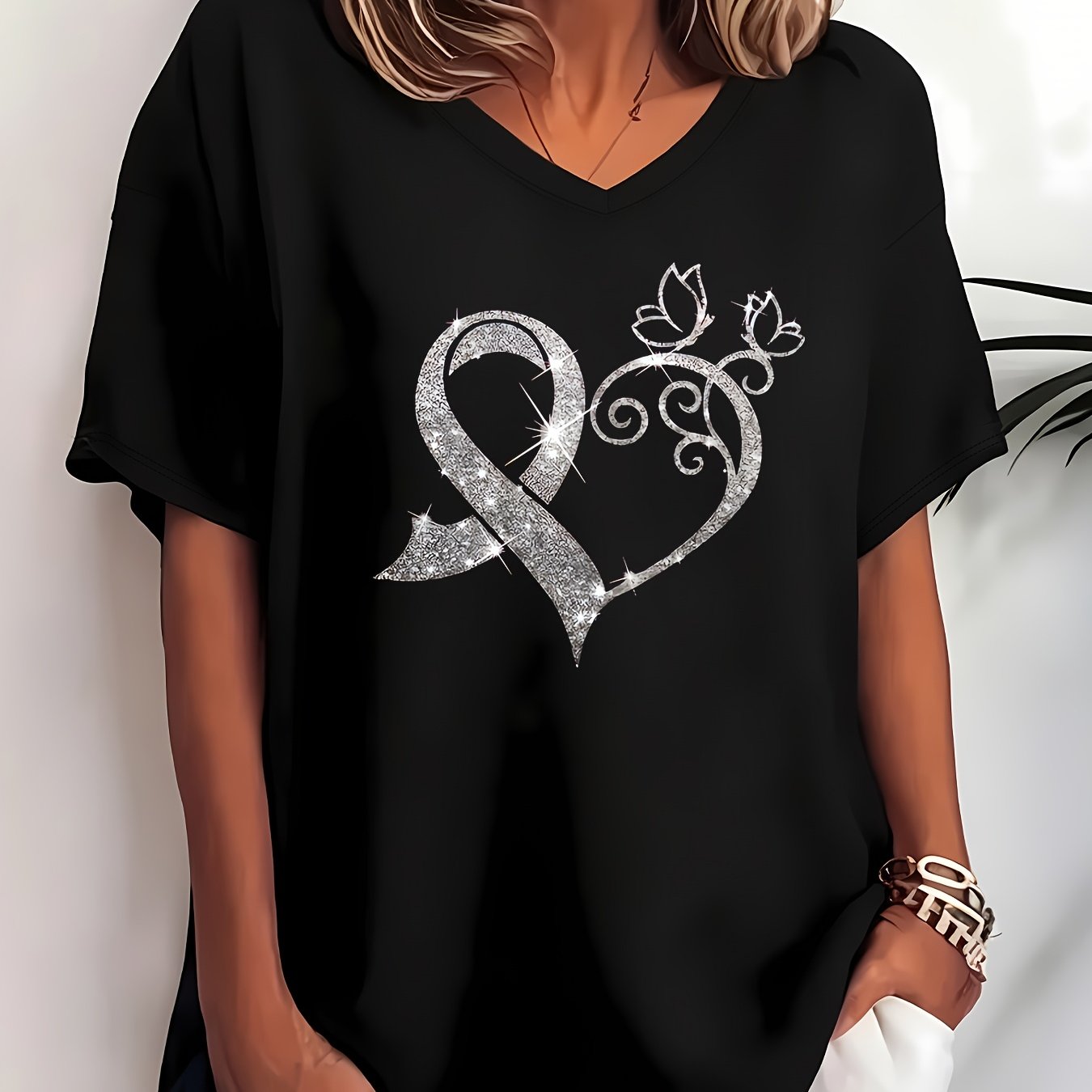 TEMU Plus Size, Women's Plus Size V-neck Short Sleeve T-shirt 1xl-8xl, Casual Top With Sparkling Rhinestone , Geometric Pattern Print, Regular Fit