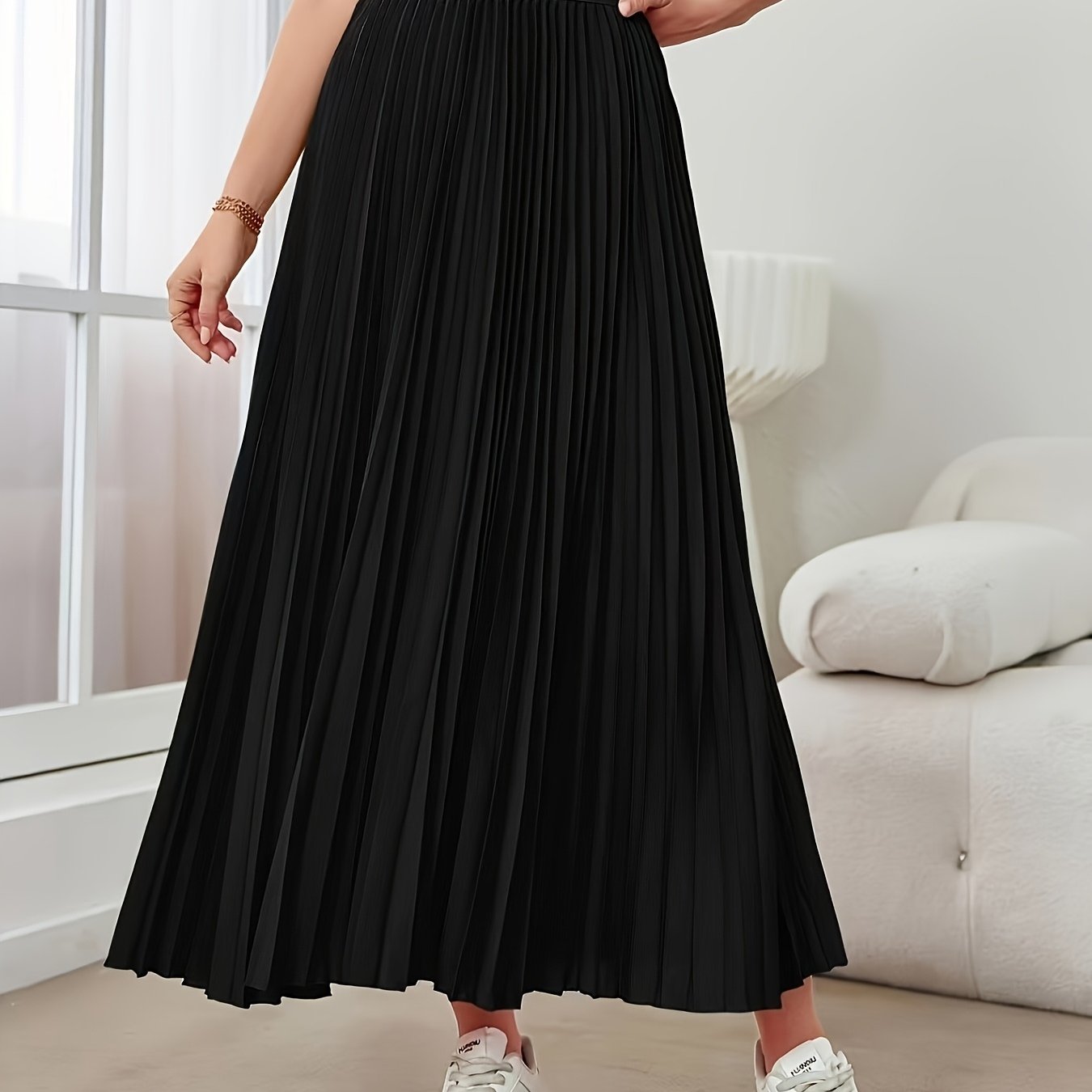 E-shop Einfarbiger High-Waist Plisseerock, Lässiges Knöchellanges Kleid