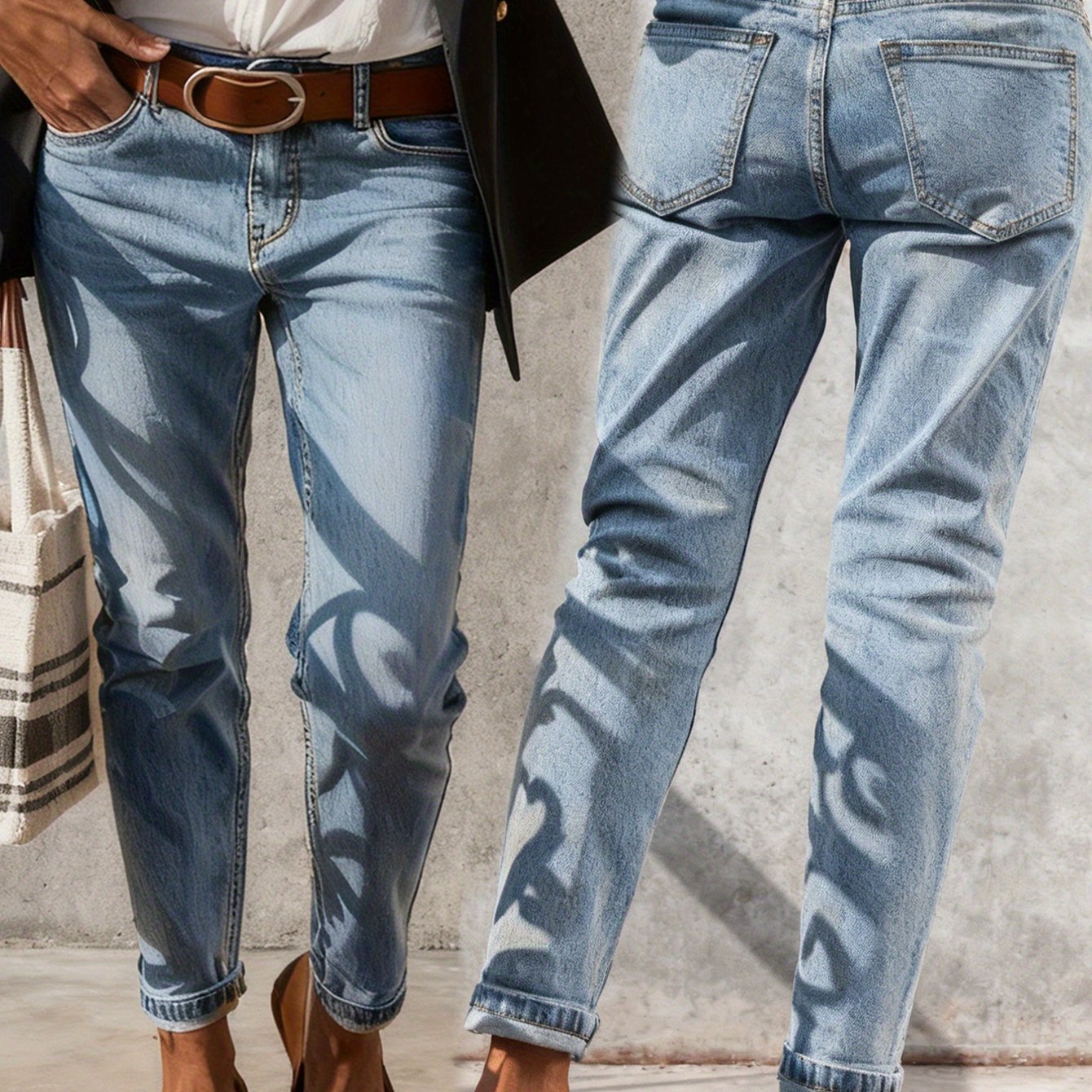 B55913*y2k Vintage Light Blue Jeans - Washed Slim Stretch Denim Pants Leg Lengthening Retro Everyday Trousers Denim Jeans