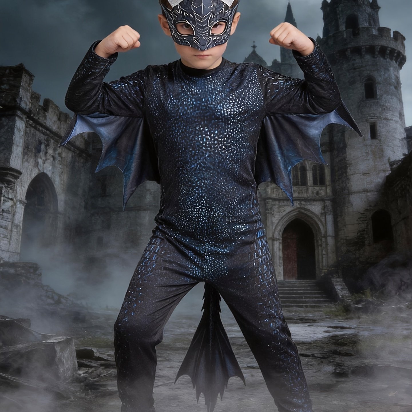 Image of Kids Black Dragon, Halloween Jumpsuit With Mask, Wings And Tail, Boys Fancy Dress Up Outfit For Party