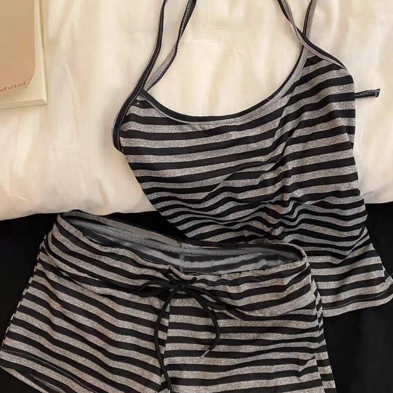 TEMU Women's Fashion New Striped Lace-up Crop Top And Shorts 2pcs Set, Casual Slim Fit