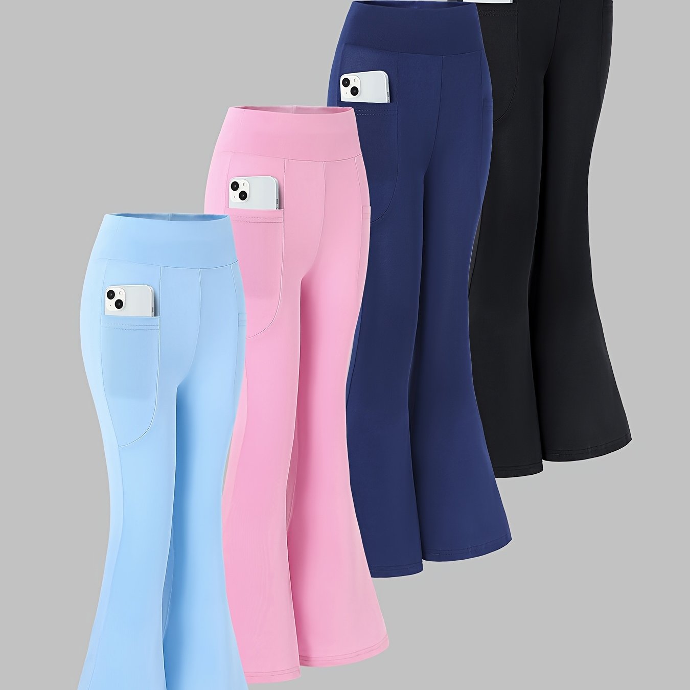 Image of 4pcs Set Of Big Girl Clothes Girls' Apparel Solid Color New Style Special Pocket High-waist Stretch Flare Pants, Suitable For Outdoor, Sports, Casual, Party Scenes, Back-to-, Graduation Season Wear