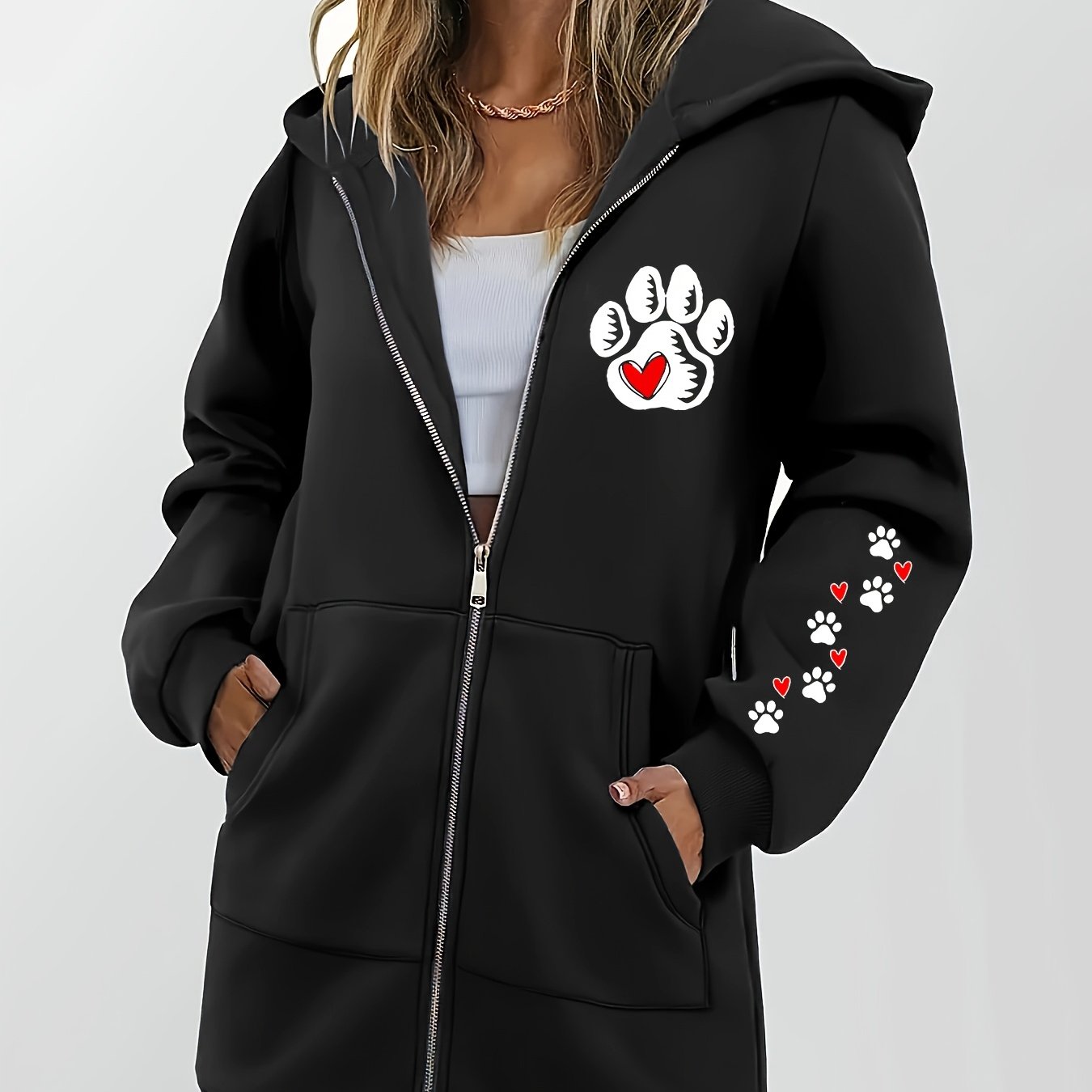 TEMU Veste Sweat à Capuche Longue Femme Automne Hiver Épais Imprimé Hoodie Vêtements Femme Polyvalent Haut Décontracté Manches Longues Zippé Cardigan