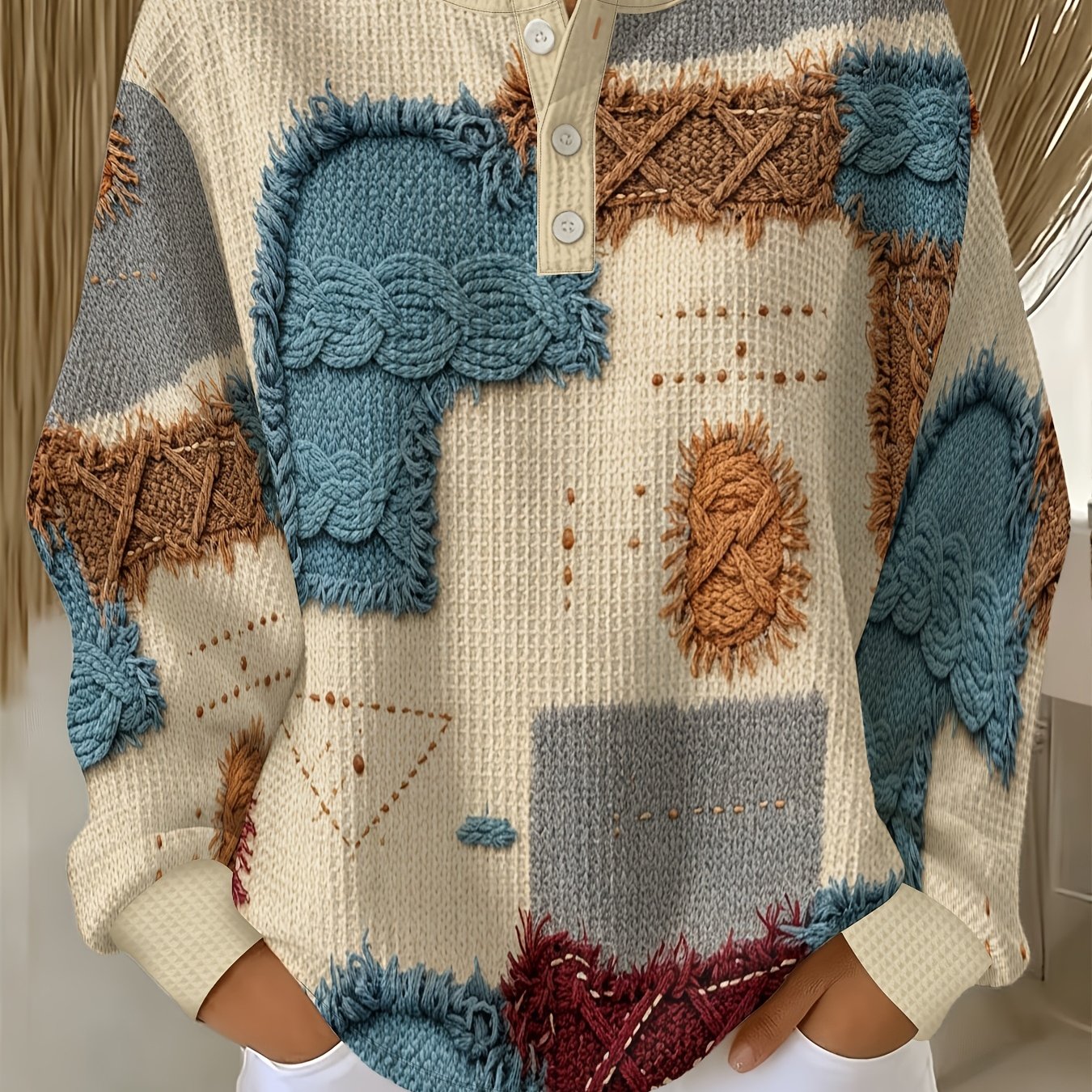 TEMU Haut à manches longues et boutonnage pour femme avec col Henley, pull décontracté à imprimé patchwork bleu-marron vintage