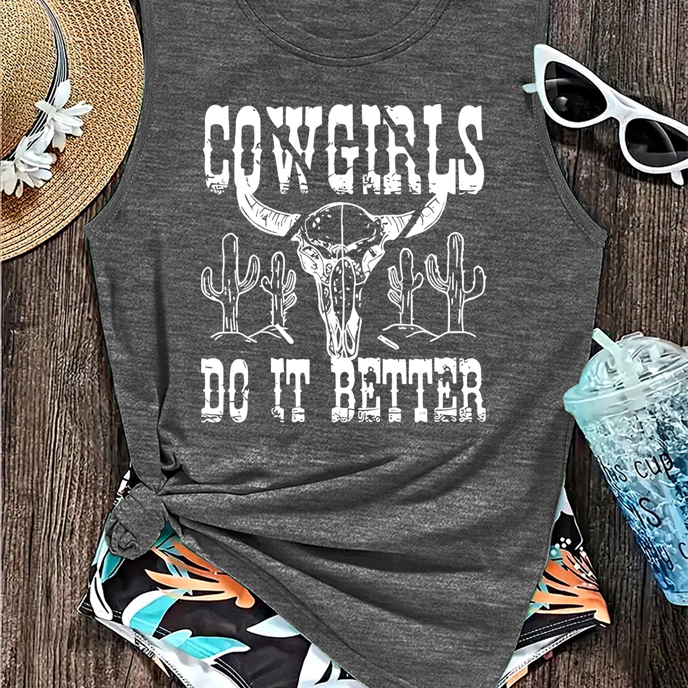 TEMU Women's Cowgirl Print Sleeveless Tank Top - Western Cowgirl Blouse Bullion Suitable For Spring Summer Fall Casual Round Neck Shirt, Machine