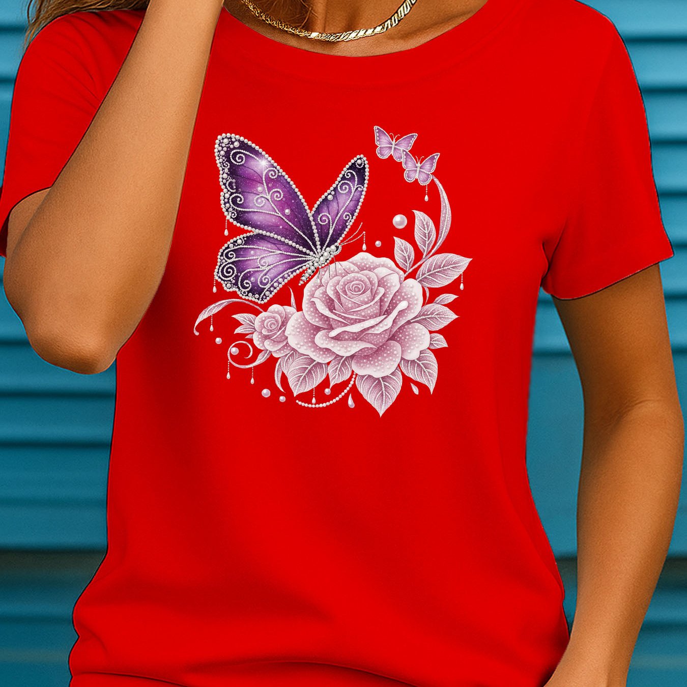 TEMU Soft And Breathable New Style Personalized Sweet Cool Rhinestone Pearl Purple Rose Print T-shirt - Women's Summer Casual Round Neck Short Sleeve
