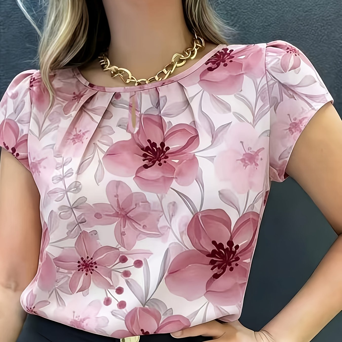 TEMU Elegant Short Sleeve Blouse Shirt With Chest & Round Neck - Non-stretch Suitable For Spring Summer Fall Casual Wear, Machine Washable Opaque
