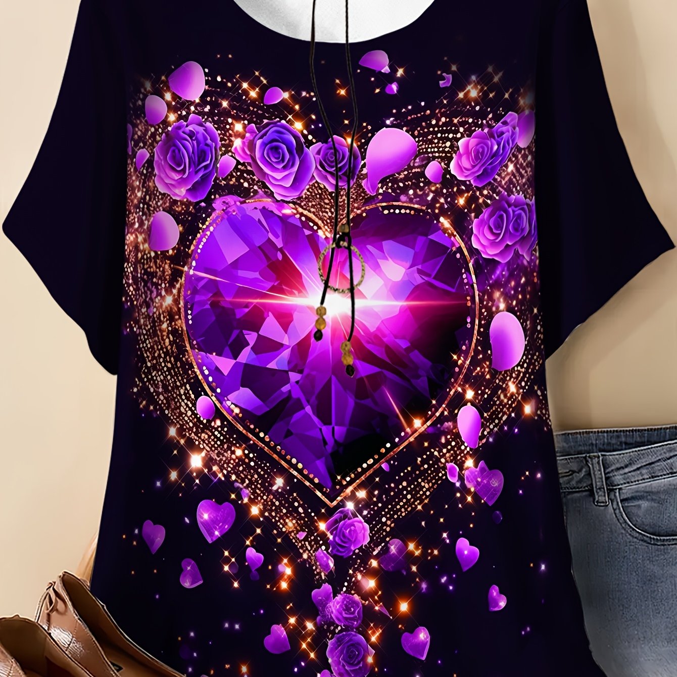 TEMU Plus Size, Plus Size Women's T-shirt With Graphic Print, Round Neck Short Sleeve Summer Top Featuring Purple Diamond Print, Elegant Top For